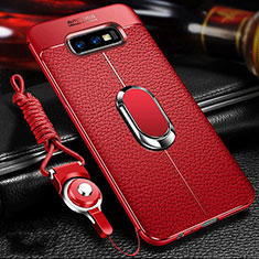 Soft Silicone Gel Leather Snap On Case Cover with Magnetic Finger Ring Stand T03 for Samsung Galaxy S10e Red