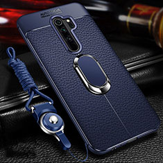 Soft Silicone Gel Leather Snap On Case Cover with Magnetic Finger Ring Stand T03 for Xiaomi Redmi Note 8 Pro Blue