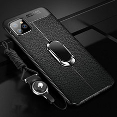 Soft Silicone Gel Leather Snap On Case Cover with Magnetic Finger Ring Stand T04 for Apple iPhone 11 Pro Black