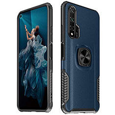 Soft Silicone Gel Leather Snap On Case Cover with Magnetic Finger Ring Stand T04 for Huawei Honor 20 Pro Blue