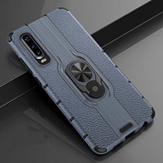 Soft Silicone Gel Leather Snap On Case Cover with Magnetic Finger Ring Stand T04 for Huawei P30 Blue