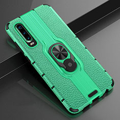Soft Silicone Gel Leather Snap On Case Cover with Magnetic Finger Ring Stand T04 for Huawei P30 Green