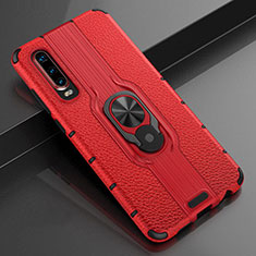 Soft Silicone Gel Leather Snap On Case Cover with Magnetic Finger Ring Stand T04 for Huawei P30 Red