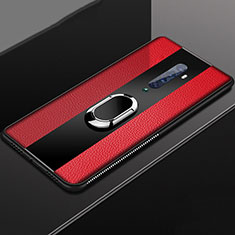 Soft Silicone Gel Leather Snap On Case Cover with Magnetic Finger Ring Stand T04 for Oppo Reno2 Red