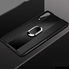Soft Silicone Gel Leather Snap On Case Cover with Magnetic Finger Ring Stand T04 for Xiaomi Mi A3 Black