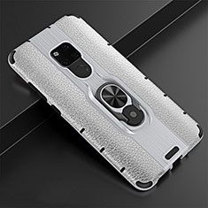 Soft Silicone Gel Leather Snap On Case Cover with Magnetic Finger Ring Stand T05 for Huawei Mate 20 Silver