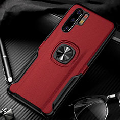 Soft Silicone Gel Leather Snap On Case Cover with Magnetic Finger Ring Stand T05 for Huawei P30 Pro New Edition Red