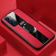 Soft Silicone Gel Leather Snap On Case Cover with Magnetic Finger Ring Stand T05 for Oppo Reno4 5G Red