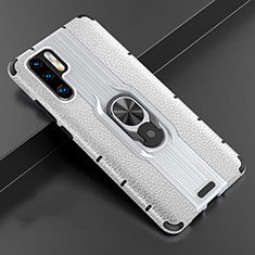 Soft Silicone Gel Leather Snap On Case Cover with Magnetic Finger Ring Stand T06 for Huawei P30 Pro New Edition Silver