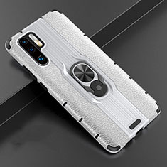 Soft Silicone Gel Leather Snap On Case Cover with Magnetic Finger Ring Stand T06 for Huawei P30 Pro Silver