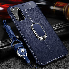 Soft Silicone Gel Leather Snap On Case Cover with Magnetic Finger Ring Stand WL1 for Samsung Galaxy S20 Blue