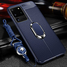 Soft Silicone Gel Leather Snap On Case Cover with Magnetic Finger Ring Stand WL1 for Samsung Galaxy S20 Ultra 5G Blue