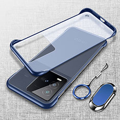 Transparent Crystal Frameless Hard Case Back Cover with Magnetic Finger Ring Stand for Vivo iQOO 10 5G Blue
