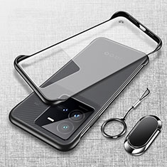Transparent Crystal Frameless Hard Case Back Cover with Magnetic Finger Ring Stand for Vivo iQOO 10 Pro 5G Black