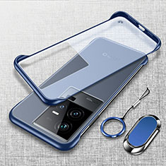 Transparent Crystal Frameless Hard Case Back Cover with Magnetic Finger Ring Stand for Vivo iQOO 11 5G Blue