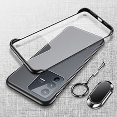 Transparent Crystal Frameless Hard Case Back Cover with Magnetic Finger Ring Stand for Vivo V23 5G Black
