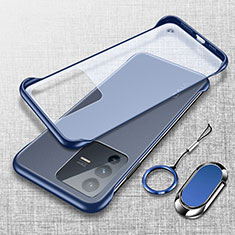 Transparent Crystal Frameless Hard Case Back Cover with Magnetic Finger Ring Stand for Vivo V23 Pro 5G Blue