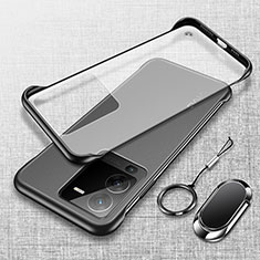 Transparent Crystal Frameless Hard Case Back Cover with Magnetic Finger Ring Stand for Vivo V25 Pro 5G Black