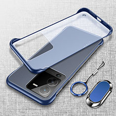 Transparent Crystal Frameless Hard Case Back Cover with Magnetic Finger Ring Stand for Vivo V25 Pro 5G Blue