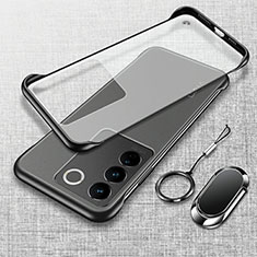 Transparent Crystal Frameless Hard Case Back Cover with Magnetic Finger Ring Stand for Vivo V27 5G Black