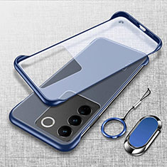 Transparent Crystal Frameless Hard Case Back Cover with Magnetic Finger Ring Stand for Vivo V27 Pro 5G Blue