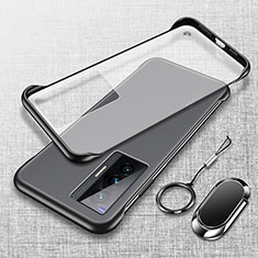 Transparent Crystal Frameless Hard Case Back Cover with Magnetic Finger Ring Stand for Vivo X70 5G Black