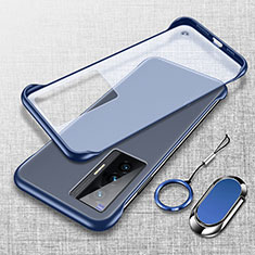 Transparent Crystal Frameless Hard Case Back Cover with Magnetic Finger Ring Stand for Vivo X70 5G Blue