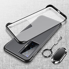 Transparent Crystal Frameless Hard Case Back Cover with Magnetic Finger Ring Stand for Vivo X70 Pro 5G Black