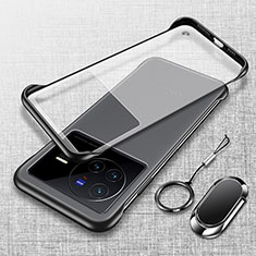 Transparent Crystal Frameless Hard Case Back Cover with Magnetic Finger Ring Stand for Vivo X80 5G Black