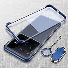 Transparent Crystal Frameless Hard Case Back Cover with Magnetic Finger Ring Stand for Vivo X80 Pro 5G Blue