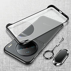 Transparent Crystal Frameless Hard Case Back Cover with Magnetic Finger Ring Stand for Vivo X90 5G Black