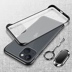 Transparent Crystal Hard Case Back Cover with Magnetic Finger Ring Stand for Apple iPhone 13 Black
