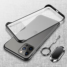 Transparent Crystal Hard Case Back Cover with Magnetic Finger Ring Stand for Apple iPhone 13 Pro Black