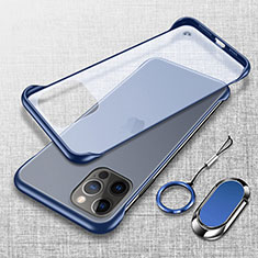 Transparent Crystal Hard Case Back Cover with Magnetic Finger Ring Stand for Apple iPhone 13 Pro Blue