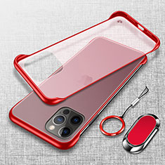 Transparent Crystal Hard Case Back Cover with Magnetic Finger Ring Stand for Apple iPhone 13 Pro Red