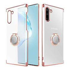 Transparent Crystal Hard Rigid Case Back Cover with Magnetic Finger Ring Stand for Samsung Galaxy Note 10 Rose Gold