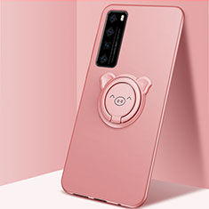 Ultra-thin Silicone Gel Soft Case Cover with Magnetic Finger Ring Stand A01 for Huawei Nova 7 5G Rose Gold