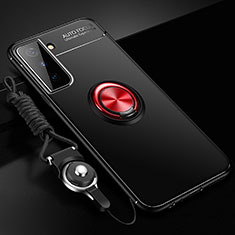 Ultra-thin Silicone Gel Soft Case Cover with Magnetic Finger Ring Stand A01 for Samsung Galaxy S21 5G Red and Black