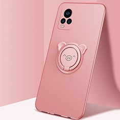 Ultra-thin Silicone Gel Soft Case Cover with Magnetic Finger Ring Stand A01 for Vivo V20 Pro 5G Rose Gold