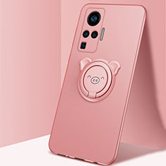 Ultra-thin Silicone Gel Soft Case Cover with Magnetic Finger Ring Stand A01 for Vivo X50 Pro 5G Rose Gold