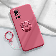 Ultra-thin Silicone Gel Soft Case Cover with Magnetic Finger Ring Stand A02 for Huawei Nova 8 5G Red Wine