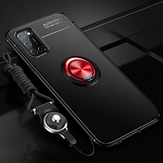 Ultra-thin Silicone Gel Soft Case Cover with Magnetic Finger Ring Stand A02 for Oppo A52 Red and Black