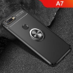 Ultra-thin Silicone Gel Soft Case Cover with Magnetic Finger Ring Stand A02 for Oppo A7 Black