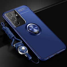 Ultra-thin Silicone Gel Soft Case Cover with Magnetic Finger Ring Stand A02 for Samsung Galaxy S21 Ultra 5G Blue
