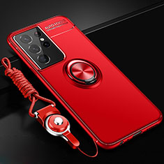 Ultra-thin Silicone Gel Soft Case Cover with Magnetic Finger Ring Stand A02 for Samsung Galaxy S22 Ultra 5G Red