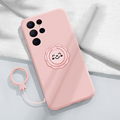 Ultra-thin Silicone Gel Soft Case Cover with Magnetic Finger Ring Stand A03 for Samsung Galaxy S21 Ultra 5G Pink