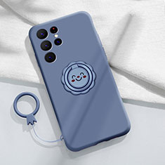 Ultra-thin Silicone Gel Soft Case Cover with Magnetic Finger Ring Stand A03 for Samsung Galaxy S22 Ultra 5G Lavender Gray