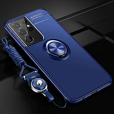 Ultra-thin Silicone Gel Soft Case Cover with Magnetic Finger Ring Stand A05 for Samsung Galaxy S21 Ultra 5G Blue