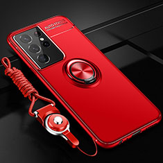 Ultra-thin Silicone Gel Soft Case Cover with Magnetic Finger Ring Stand A05 for Samsung Galaxy S22 Ultra 5G Red
