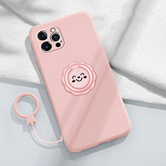 Ultra-thin Silicone Gel Soft Case Cover with Magnetic Finger Ring Stand A06 for Apple iPhone 13 Pro Pink